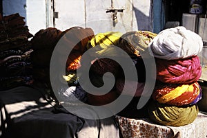 Brightly colored turbans in a shop