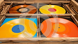 Brightly colored vinyl records displayed on a wooden crate ready to be shared and discussed
