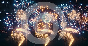 Brightly colorful fireworks for events on blue dark sky background