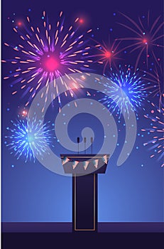 brightly colorful fireworks and stage stand or debate podium rostrum with microphones USA presidential election concept