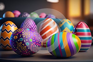 Brightly coloured Easter eggs on a table.