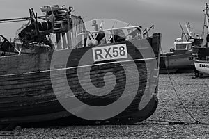 Fishing boats on beach at The Stade, Hastings, England