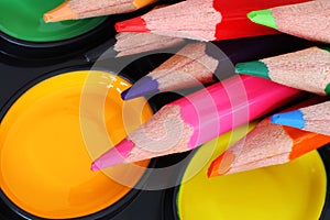 Brightly Coloured Paint and Pencils