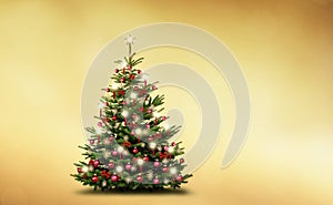Brightly decorated Christmas tree isolated on golden background