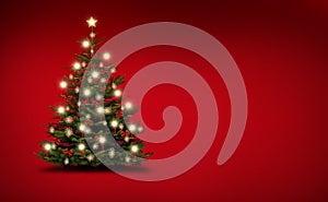 Brightly decorated Christmas tree isolated on red  background