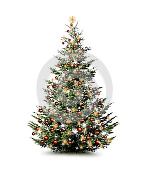 Brightly decorated Christmas tree isolated on white background