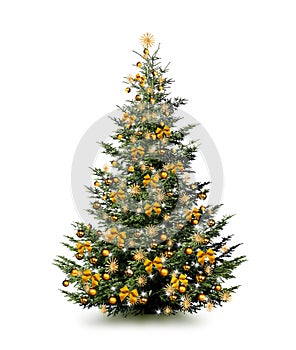 Brightly decorated Christmas tree isolated on white background