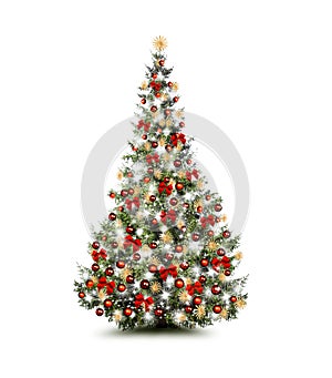Brightly decorated Christmas tree isolated on white background