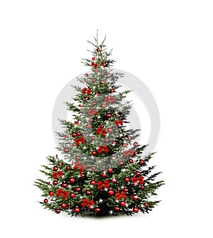 Brightly decorated Christmas tree isolated on white background photo