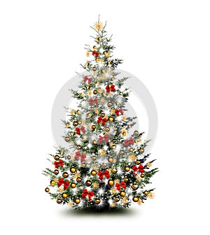 Brightly decorated Christmas tree isolated on white background