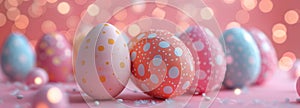 brightly decorated easter eggs on a pink background with white dots