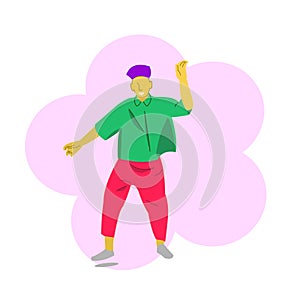 A brightly dressed young man character dancing