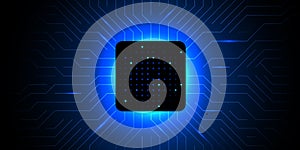 Brightly glowing AI chip on circuit board. Technology background. CPU processor on tech bg. Computer microchip on