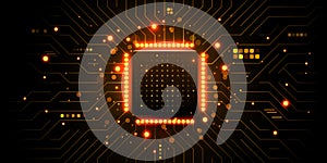 Brightly glowing AI chip on circuit board. Technology background. CPU processor on tech bg. Computer microchip on