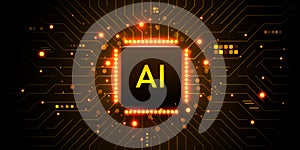 Brightly glowing AI chip on circuit board. Technology background. CPU processor on tech bg. Computer microchip on