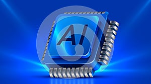 Brightly glowing AI computer chip. Technology concept. CPU processor. Computer microchip.