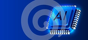 Brightly glowing AI computer chip. Technology concept. CPU processor. Computer microchip.