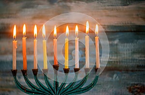 Brightly Glowing Hanukkah Menorah soft focus