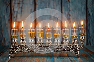 Brightly Glowing Hanukkah Menorah soft focus