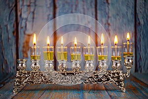 Brightly Glowing Hanukkah Menorah soft focus