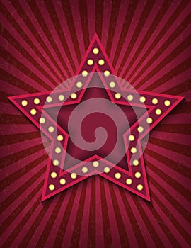 Brightly glowing star retro cinema neon sign. Circus style show vertical banner template. Background vector poster image