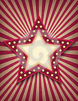 Brightly glowing star retro cinema neon sign. Circus style show vertical banner template. Background vector poster image