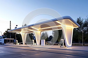 A brightly illuminated gas station stands out against the night sky, offering fuel and convenience to passing motorists, Charging