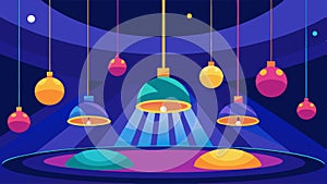 A brightly lit art installation suspended from the ceiling..