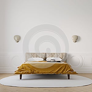 Brightly lit bedroom with vibrant gold color bedspread, mock-up with negative space photo