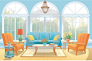 brightly lit colonial revival sunroom with furniture, magazine style illustration