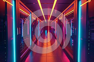 A brightly lit corridor in a high-tech data center features rows of servers illuminated by