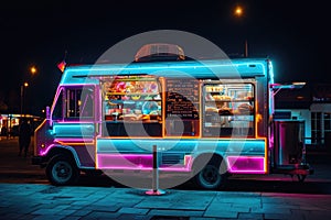 A brightly lit food truck parked on the side of the road, serving up delicious food to hungry passersby, A food truck with bright