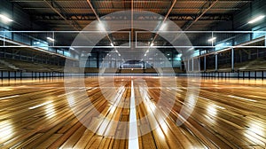 Brightly lit gymnasium with a wooden floor for volleyball. Volleyball court with net in an indoor setting. Concept of