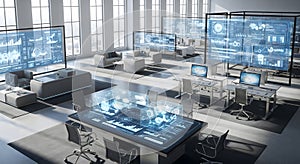 Futuristic Open Office Space with Holographic Data Displays
