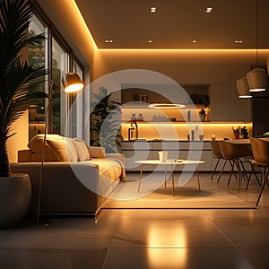 Brightly lit modern home interior contemporary design with lighting equipment