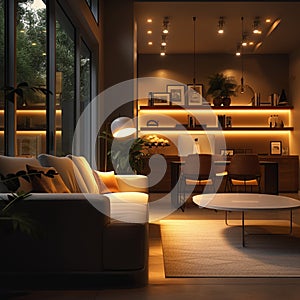 Brightly lit modern home interior contemporary design with lighting equipment