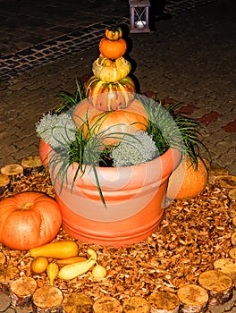 Brightly lit pumpkin pyramid in flowerpot