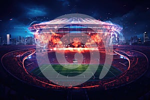 A brightly-lit stadium captivates with a myriad of lights, shining brilliantly in the night sky, Full night football arena in