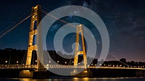 A brightly lit suspension bridge glowing against a night sky