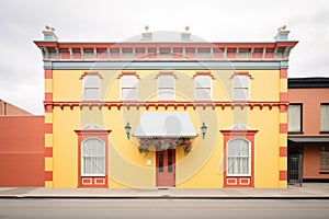 brightly painted italianate building with stylish deep eaves