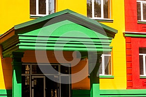 Brightly painted porch of the building