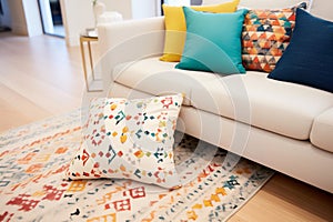 brightly patterned toss pillows sprinkled on a beige rug