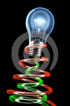 Brightly shining light bulb with electrons flow.