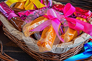 brightly wrapped caramels in a basket with a gift bow on it