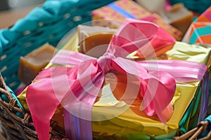 brightly wrapped caramels in a basket with a gift bow on it