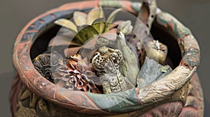 A brightlycolored handcrafted clay pot holds a concoction of different plants and animal parts used by native healers to photo