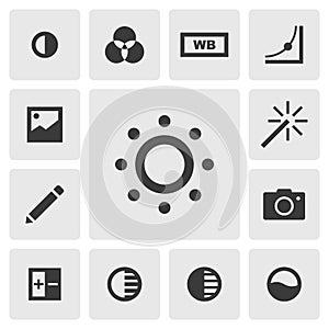 Brightness icon vector design. Simple set of photo editor app icons silhouette, solid black icon. Phone application icons concept