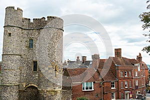 Brighton, England - October 3, 2018: The entrance and tickets shop of Lewes Castle & Gardens, East Sussex county town in top view