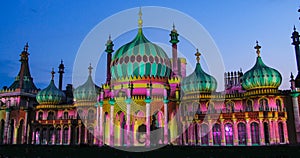 The Brighton pavilion floodlit at night