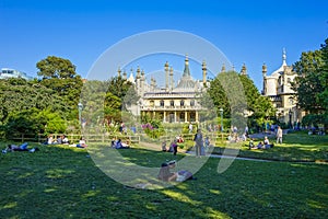 Brighton Royal-Pavilion and grounds with people relaxing